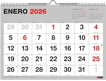 Miquelrius - Calendario 2026 de pared Basic, Con números grandes, Organizador anual A4: 296 x 210 mm, Con espacio para anotar, Encuadernación espiral doble, Planificador 12 meses, Español