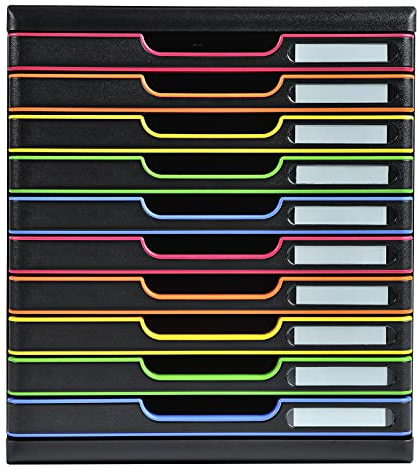 Exacompta 302914D Ablagebox Modulo mit 10 Schubladen für DIN A4+ Dokumente. Belastbare Schubladenbox mit hoher Kapazität für mehr Platz auf dem Schreibtisch schwarz/bunt
