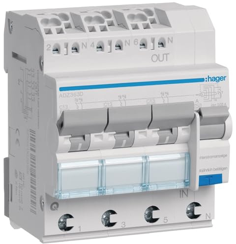 Hager ADZ363D Fehlerstrom-Leitungsschutzschalter 13A 1-polig+N 3x(1P+N) 6kA C-Charakteristik 30mA Typ A QuickConnect FI/LS-Schalter ( ADZ 363D )