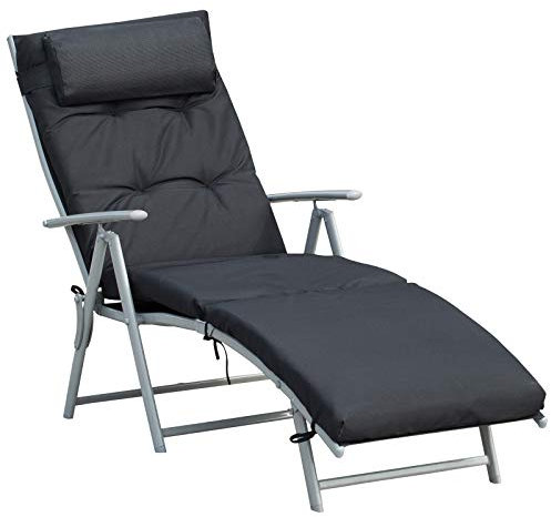 Outsunny Bain de Soleil Pliable transat inclinable 7 Positions Chaise Longue Grand Confort avec Matelas + accoudoirs métal époxy textilène Polyester Noir