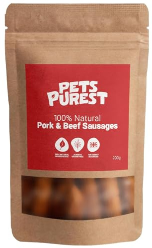 Pets Purest Natural Dog Treat Chews - 100% Healthy Air-Dried Pork & Beef Sausage Meat Treats for Dogs, Puppy & Senior. Grain & Gluten Free Low Fat Raw Protein Dog Food Snack (200g)