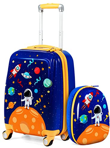 HONEY JOY Kids Luggage, 12 Toddler Backpack & 18 Travel Suitcase with Wheels, Lightweight Toddler Suitcase, Durable ABS Hardshell, 2Pcs Carry On Luggage Set for Boys Girls, Blue Astronaut