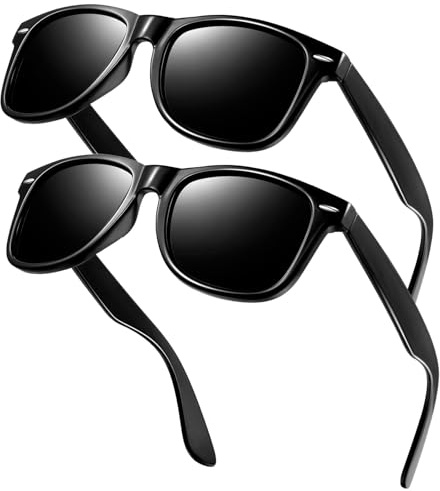 KANASTAL Occhiali da Sole da Uomo Donna Neri Polarizzati UV400 2 Paia Scuri Quadrati Vintage Classici Retro Black Sunglasses per Spiaggia Pesca Shopping -Nero Lucidi + Neri Lucidi
