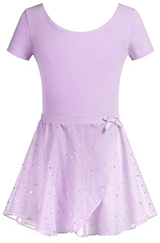 Arshiner Ballet Dress Short Sleeve Girls Ballet Suit Cotton Ballet Clothing Ballet Dance Clothing Dance Body with Chiffon Wrap Skirt Purple 140/6-7 Years
