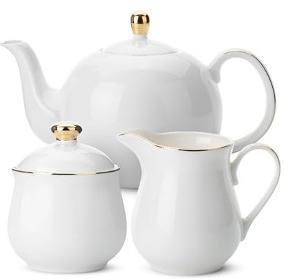 BTaT- 3 Piece Tea Set, Creamer and Sugar and Teapot Set, White Cream and Sugar Bowl and Creamer Set White Teapot Porcelain Teapot, Milk and Sugar Serving Set, Porcelain Tea Pot Ceramic Teapot
