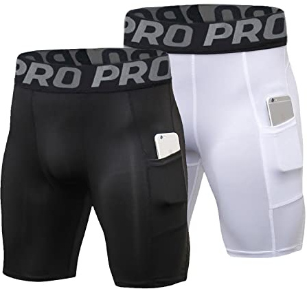 LNFINTDO Herr kompressions-löparshorts med mobiltelefonficka, atletiska spandex, sportshorts, coola torra träningspass Baselayer-underkläder., #svart + vit, M