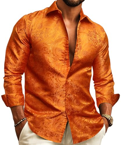 Barry.Wang Men Dress Shirts Paisley Silk Long Sleeve Button Big and Tall Down Shirt Fashion Leisure Wedding Party Prom Orange S-3XL