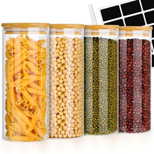 Avmvnvc Vorratsgläser mit Deckel - 4er Set Vorratsdosen mit Deckel - Vorratsglas mit Holzdeckel - Vorratsdosen Glas mit Deckel für Pasta, Müsli, Tee, Bohnen Aufbewahrung (900ml×4)