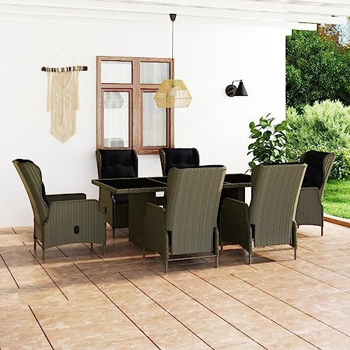 KTHLBRH Muebles de jardín para exteriores, balcón, mesa y sillas de 7 piezas, juego de comedor con cojines de poliratán, color marrón