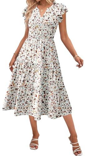 Zeagoo Ruffle Sleeve Floral Dress for Women Casual Swing Dresses with Pockets V Neck Flare Dress Women Midi Dress Summer Beach Boho Sundresses L