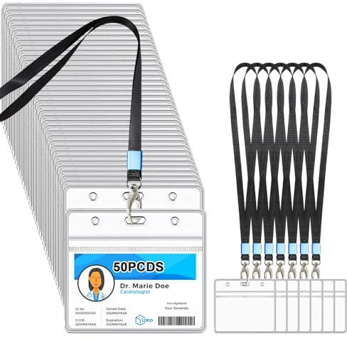 HIMOMO Porte Badge, 50PCS Porte Carte Avec Cordon,étanche Porte Badge Transparent, Verticaux En Badge Plastique, Pour Aux Expositions, Conférences, écoles, Bureaux, étudiants (horizontal)