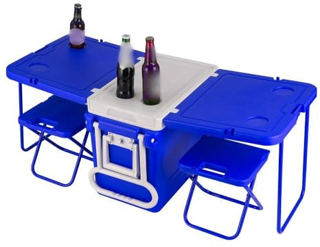 Nevera con Ruedas para Picnic con Mesa y Silla, Nevera con Ruedas, Hielera, Caja Portátil de Aislamiento Térmico, Grande, Fácil de Transportar (con Mesa y sillas)