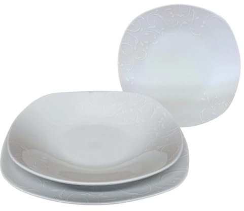 Omniacasa Risalto Set de vaisselle moderne en porcelaine – Service de table blanc complet pour 12 personnes 36 pièces – Design avec relief carré et élégant, résistant pour lave-vaisselle et