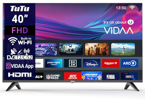 TuTu TUV40FQ1 Smart TV 40 Pouces (100 cm) FHD WiFi VIDAA Télévision sans Bord avec Triple Tuner(DVB-C/S2/-T2), Molotov, Netflix, Prime Video, Disney+, Youtube - 2025