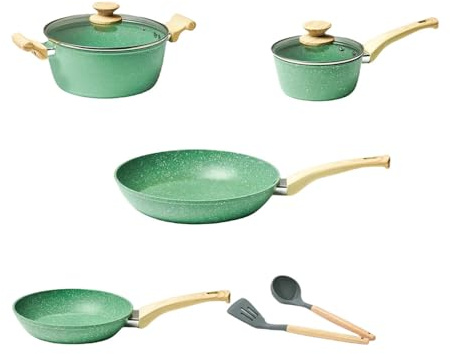 ASumPio Kitchen 8Pcs Frying Pan Stockpot Milk Pot Sets Nonstick Cookware Steak Fried Egg Pan Suitable All Stoves,gold set,8 pc,Green Set-8 pc