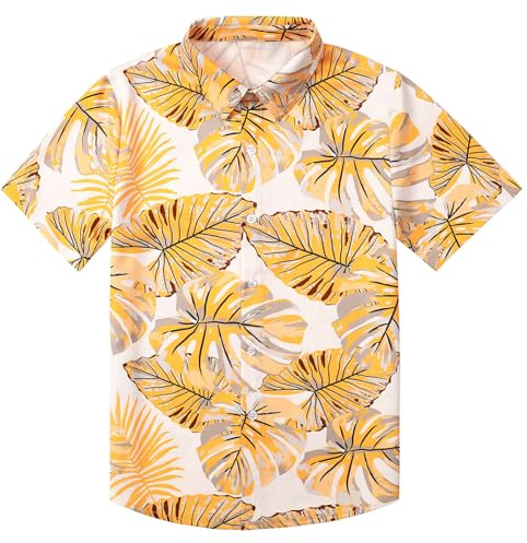MOMBEBE COSLAND Camisa Hawaiana para Niños, Camisa de Manga Corta, Hojas, 11-12 Años(Large)