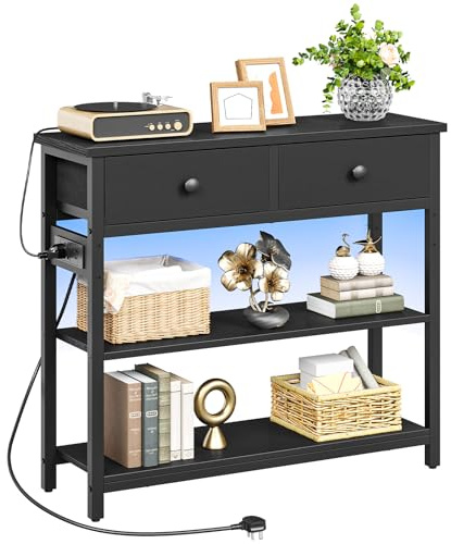 HOOBRO Console Table with Charging Station, 2 Drawers and LED Light, Narrow Hallway Table, Sofa Side Table, Display Stand, Slim Console Table for Hallway, Living Room, Black EBB91KDXG01