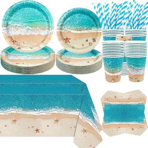 Accesorios de decoración para fiestas en la playa, incluye plato, mantel, servilletas y vajilla para fiesta de verano hawaiana en la piscina, decoración de cumpleaños, accesorios de fiesta de conchas