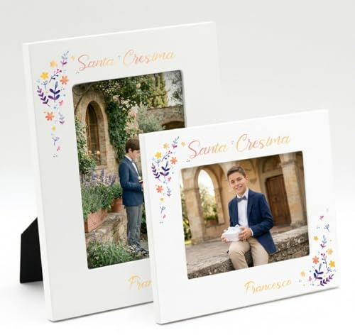 Cornice Personalizzata Santa Cresima Fiori con Foto Nome Data | Regalo Ragazzo Ragazza Confermazione | Portafoto Legno Bianco | Stampa Made in Italy | Ricordo Religioso (Prima Comunione Flower)
