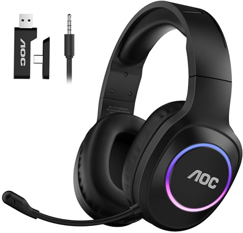 AOC Wireless Gaming Headset for PC, PS5/4, Switch, 2.4GHz Ultra-Low Latency & Bluetooth 5.4 & Wired, 7.1 Surround Sound, Noise Cancelling Mic, 239g Lightweight PC Headphones with 45H Battery
