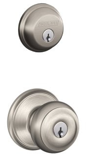 SCHLAGE, Satin Nickel FB50N V GEO 619 B60 Single Cylinder Deadbolt and F51 Entry Knob Keyed Alike, Finish, Security Set_Georgian