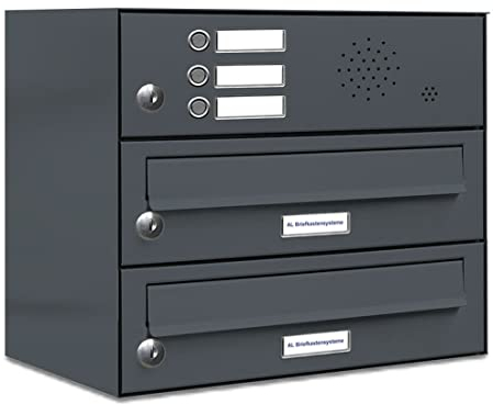 AL Briefkastensysteme 2er Briefkastenanlage mit Klingel Anthrazit Grau RAL 7016, Premium Doppel-Briefkasten DIN A4, 2 Fach Postkasten modern Aufputz