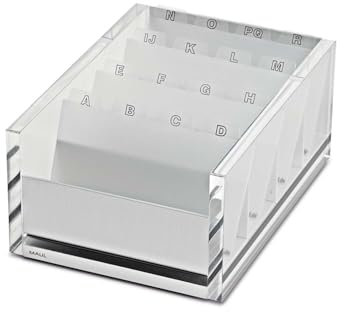 MAUL Visitenkartenbox MAULacro 17x12,2x7,5cm | Karteikarten Box mit Register A-Z | Box aus Acryl und Aluminium | Schonende Noppen für Schreibtisch | Platz für max. 300 Karten | Transparent
