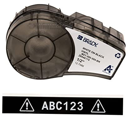 Brady Ruban d’étiquettes vinyles étiqueteuses M211 et M210 - Étiquettes vinyles adhésives -Blanc sur noir (12.70mm x 6.40m) - M21-500-595-BK