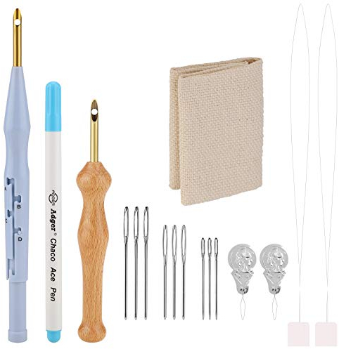 MWOOT 17 Pezzi Kit per Ricamo ad Ago,Punch Needle Ricamo Punch Cuciture Tool,Ago Filato Tappeto Regolabile,Marcatore di Tessuto, Aghi per Occhi Grandi, Infilatori per Aghi,Tela per Punto Croce
