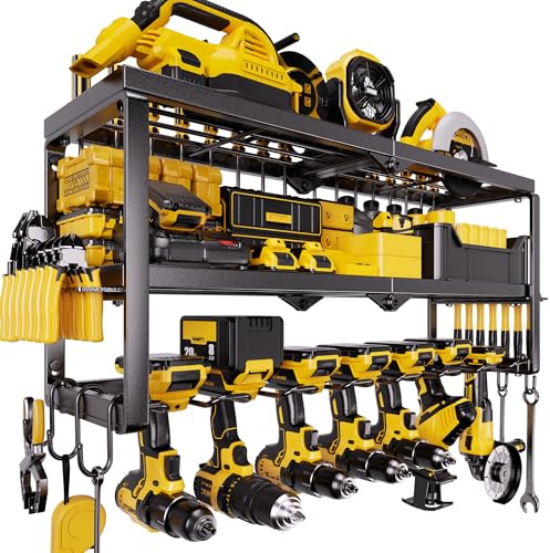 Amoowis Heavy Duty Power Tool Organizer for Wall Mount Garage Storage – 320 lbs Capacity, 3-Tier Iron Wire Rack with 7 Drill Slots, Shelf for Battery Charging Station – Gift for Dad Handyman