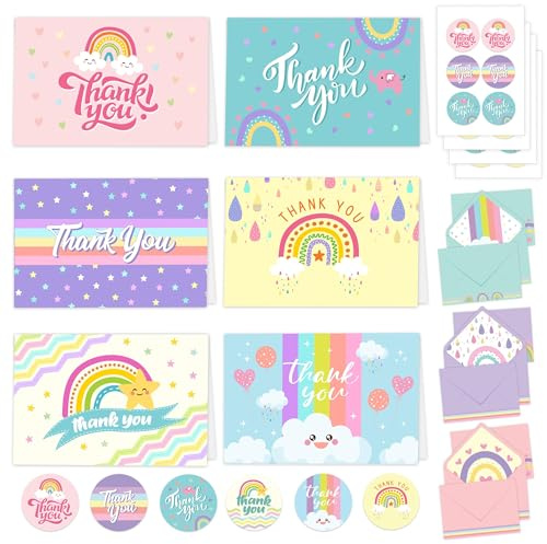 Decorably 24 Pack 6x4in Rainbow Cute Kids Thank You Cards with Envelopes and Stickers, 12 Colorful Designs Rainbow Thank You Cards Kids Birthday, Blank Inside - Birthday, Baby Shower, Kid's Party