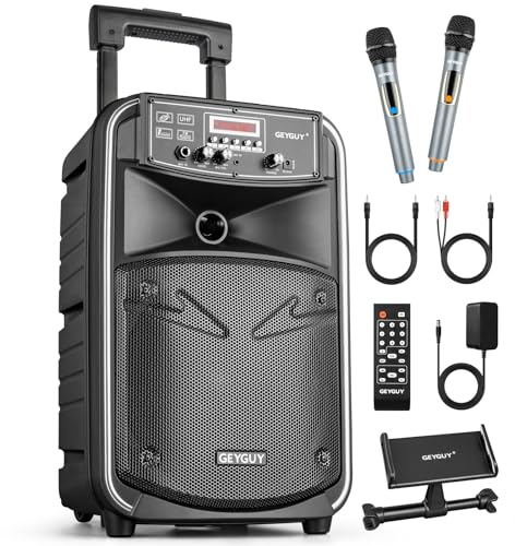 GEYGUY Tragbare Karaoke Maschine, 8 Zoll Mobile PA Anlage mit 2 drahtlosem Mikrofone, Wiederaufladbar Bluetooth Lautsprecher TWS/LINE IN/FM GTSK8-2