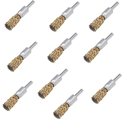 10 st trådborstar hjul, penntyp mässingsbelagd poleringsborste ersättningssats för att ta bort rost, färg och korrosion (6 x 10 mm)