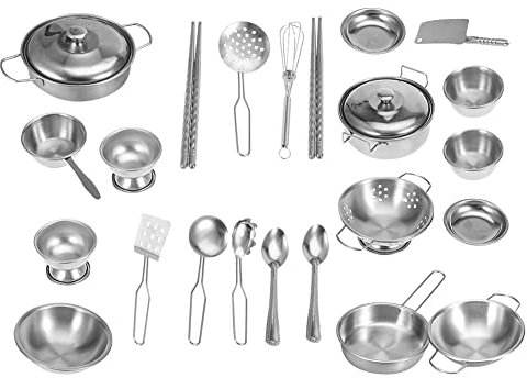 SANON 25PCS Kitchen Toys, Stainless Steel Cookware Cooking Utensils Pan Toys Set for Children