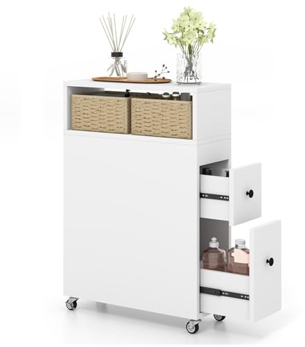 GIANTEX Nischenregal 19cm breit, Badezimmerschrank schmal Badregal auf Rollen, Nischenschrank Nischenwagen mit 2 Schubladen & 2 Weidenkörben, Rollwagen Rollcontainer 19x50x72 cm (Weiß)