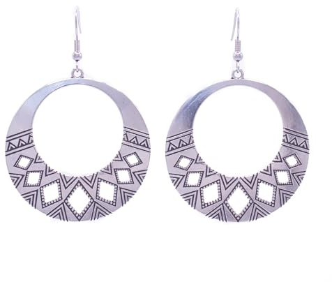 ZARZAMORA Pendientes Bohemio Vintage de Plata Tibetana Acabado Antiguo y Ganchos de Acero Inoxidable Plateado.Aros Colgantes Redondos Grandes Diseño Étnico Tallado Rombo .Regalo Original