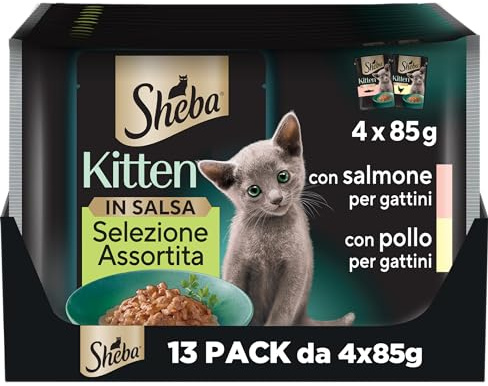 Sheba Kitten Selezione Assortita in Salsa con Salmone e Pollo, cibo umido completo per gattini, 52 Bustine da 85g