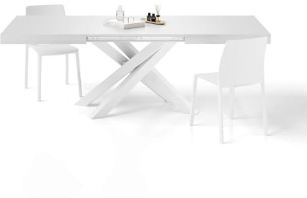 Mobili Fiver, Table Extensible Emma 140(220) x90 cm, Frêne Blanc avec Pieds Croisés Blancs, pour 6-10 Personnes, Table Extensible pour Cuisine, Salon, Made in Italy