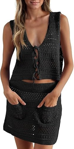 Saodimallsu Ensemble bikini 2 pièces pour femme - Maillot de bain au crochet - Sans manches - Jupe en tricot - Robe de plage tricotée - Robe de plage