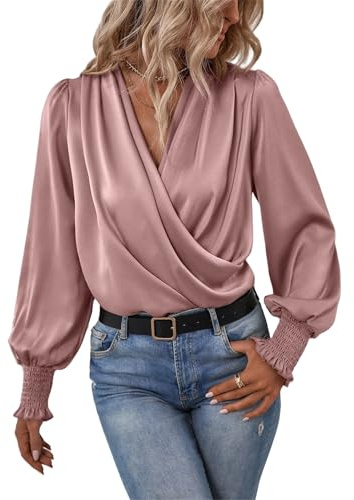 Women's Satin Silk Blouse Wrap V Neck Long Sleeve,Womens Silk Blouses 2024 Womens Dressy Casual Ruched Top (Pink,L)