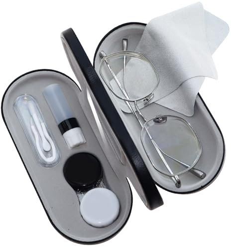 eagosion Custodia portatile 2 in 1 per lenti a contatto e occhiali, con panno per lenti, specchio flip-top, pinzette e porta soluzioni, kit da viaggio per uso quotidiano e da viaggio (nero)
