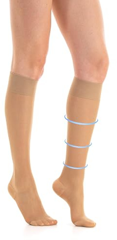 Knähöga Kompressionsstrumpor för Damer, Genomskinliga, Knee-High, Bordeaux/Marinblå/Vit 70 DEN Grade-1-k1 Long Socks 18-22mmHg (BEIGE, XS/S)