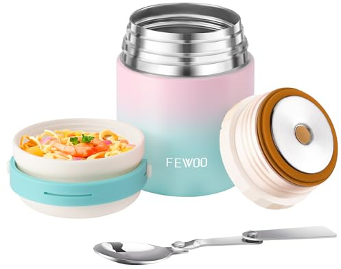 FEWOO Soup Flask, 400ml Vacuum Insulated Food Jar for Hot Cold Food, Leak Proof Soup Containers for Kids and Adults (Blue-Pink-Blue)