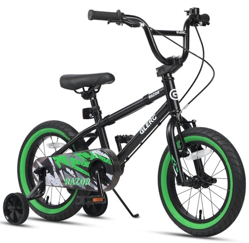 Glerc Razor 14 tums barncykel för 3–5 åriga pojkar, nybörjare, småbarn, första BMX-stil, cykel med säkerhetsklingor och avtagbara stödhjul, svart med gröna däck