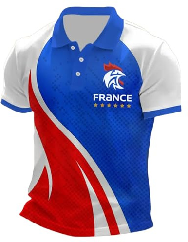 Foweknow Polos pour hommes à manches courtes avec drapeau français - Polo de sport respirable pour hommes - Pour l’été - Polo de sport avec boutonnage - Confortable et décontracté - Polo de golf à