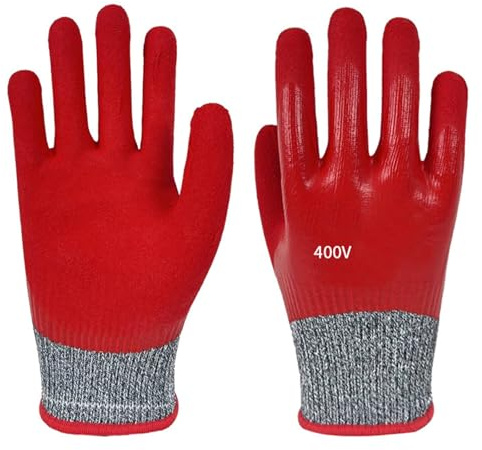 Opatiny 400 V isolierende PSA-Handschuhe für elektrische Arbeiten, rote Spannungsisolierungshandschuhe mit 0,6 kV Handflächenschutz, sekundärer Tauchprozess, hochelastisches Gummiband, 1 Paar