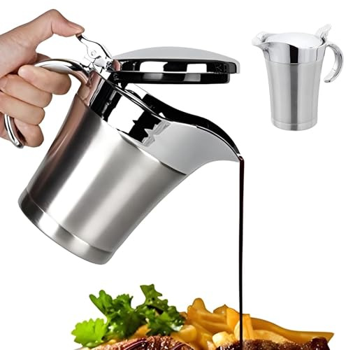 Stainless Steel Gravy Boat Keeps Food Warm or Cool, 750ml Sauce Jug with Hinged Lid and Handle, Double Wall Insulated Pot Ideal for Gravy Custard Cream Sauce(Silver)