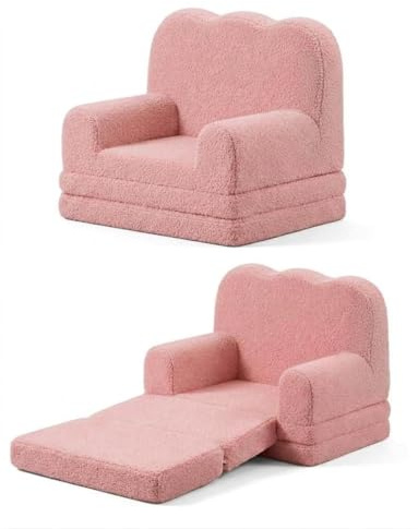 AffinityFurn 3 in 1 Kids Sofa Bed with Washable Sherpa Cover, Fold Out Toddler Couch Convertible Children Reading Chair, Foldable Kids Armchair with Anti Base for 1-6 Boys and Girls, Pink