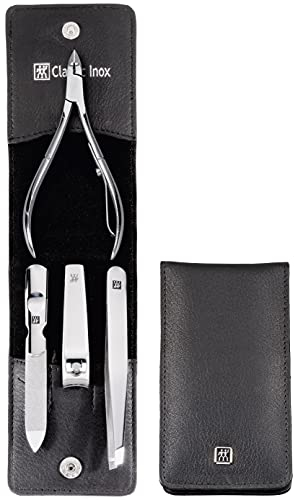 ZWILLING Maniküre-Set (4 teilig, Druckknopf Etui, Echtleder, ergonomisches Design, mit Nagelhautzange), Edelstahl Poliert , Schwarz