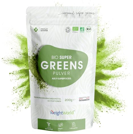 Super Greens in Polvere Bio Vegana (1+ Mese di Scorta), 9 Superfood, Maca, Semi di Lino, Baobab, Clorella, Erba di Grano, Erba d'Orzo, Acai, Matcha, Guarana, Mix di Superalimenti 200g, Senza Glutine